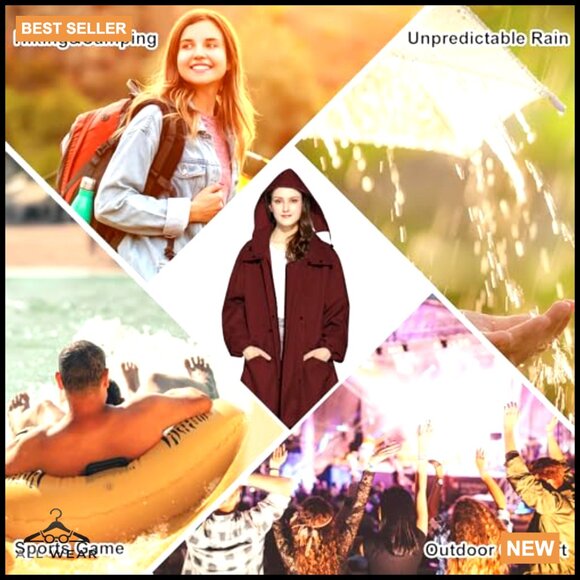 Long Hooded Raincoat Waterproof Packable Lightweight Trench Style Adjustable - Picture 2 of 7